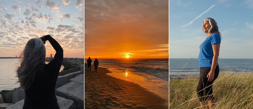 Photo coach Melanie aan zee in een drieluik met zonsondergang, haven en horizon