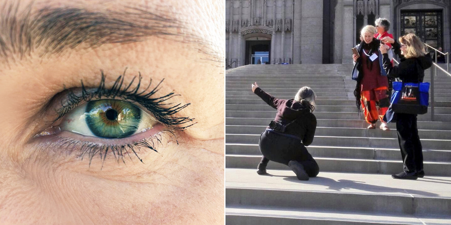 Groen oog van Melanie in close-up en Mel aan het werk