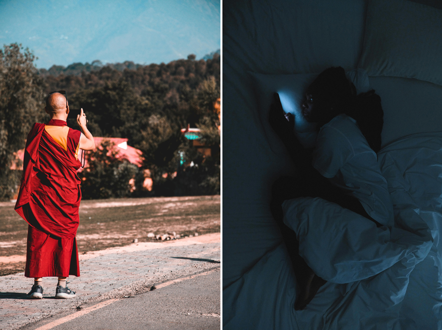 Monnik neemt foto en meisje op haar telefoon in bed