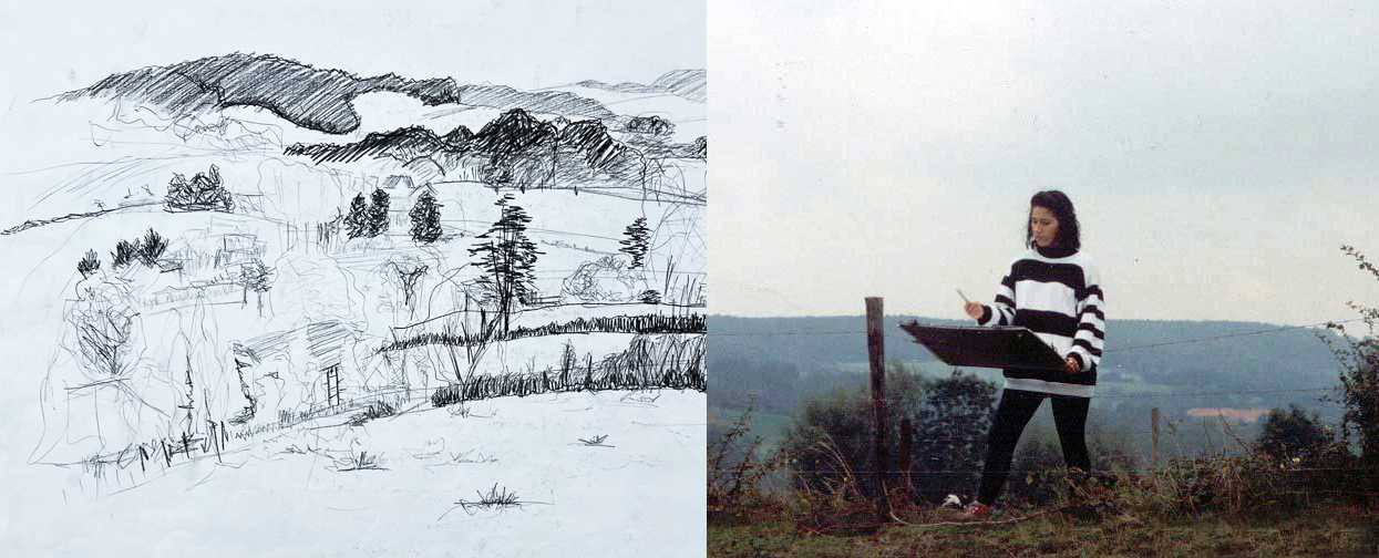 Tekening van landschap in zwarte lijnen door beeldend kunstenaar Melanie E. Rijkers